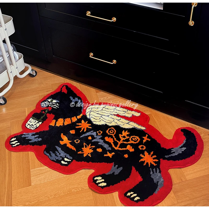 GUVINCI GG Style Retro Black Cat Carpet Floor Mat Luxury Hand Tufted Rugs Vintage Decorative Door Mat Machine Washable 60x100cm