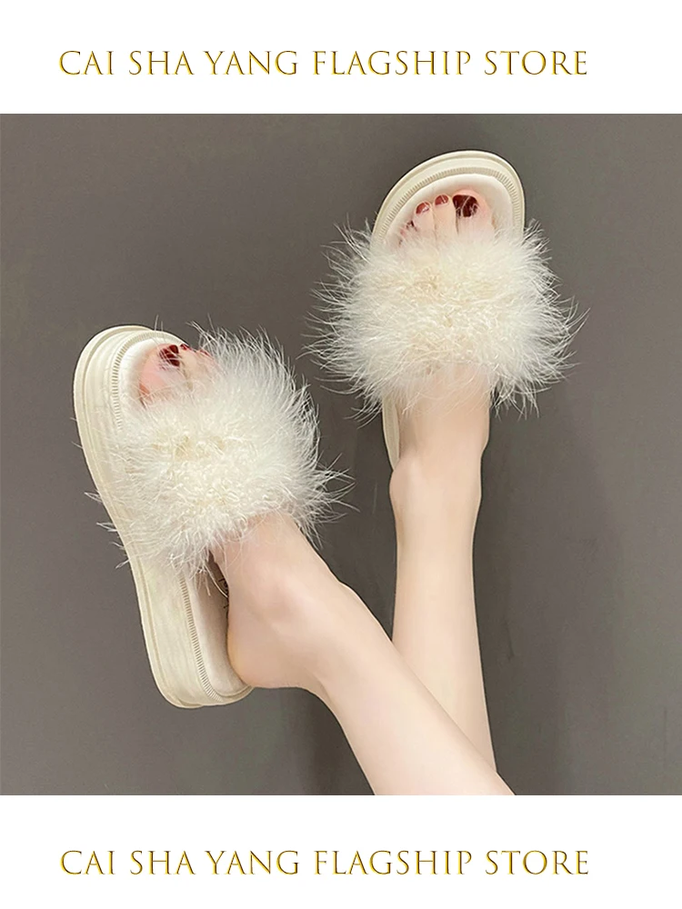 

Fairy Tale Style Fluffy Slippers Women Summer Outdoor Wear Thick Bottom Sandals Beautiful Platform Flat Sandals PU Material