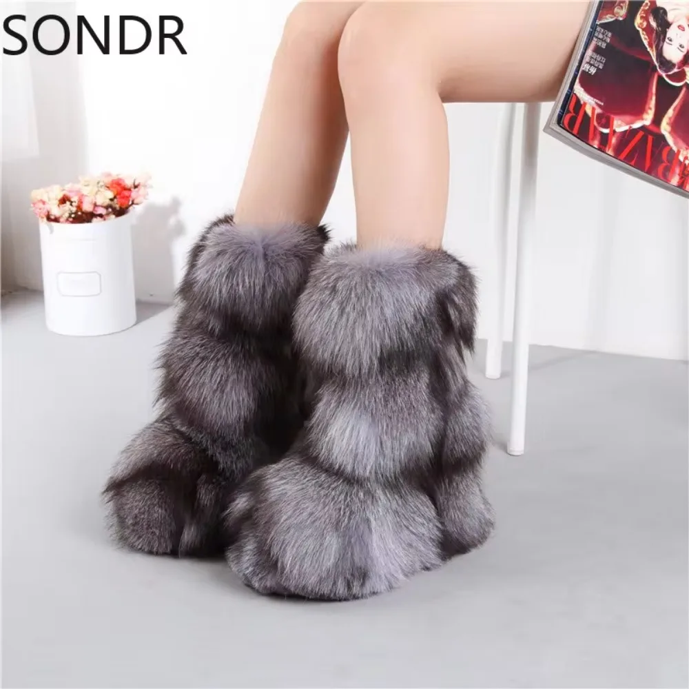 Womens Round Toe Mid Calf Boots Real Sliver Fox Fur Furry Hidden Heel Warm Winter Snow Shoes Custom Made Colors