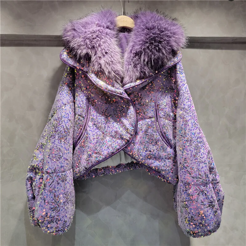 DEAT Women\'s Cotton Padded Coat Loose Pink Purple Sequins Batwing Sleeve Fur Collar Thick Jacket 2024 Winter New Fashion 33A2046