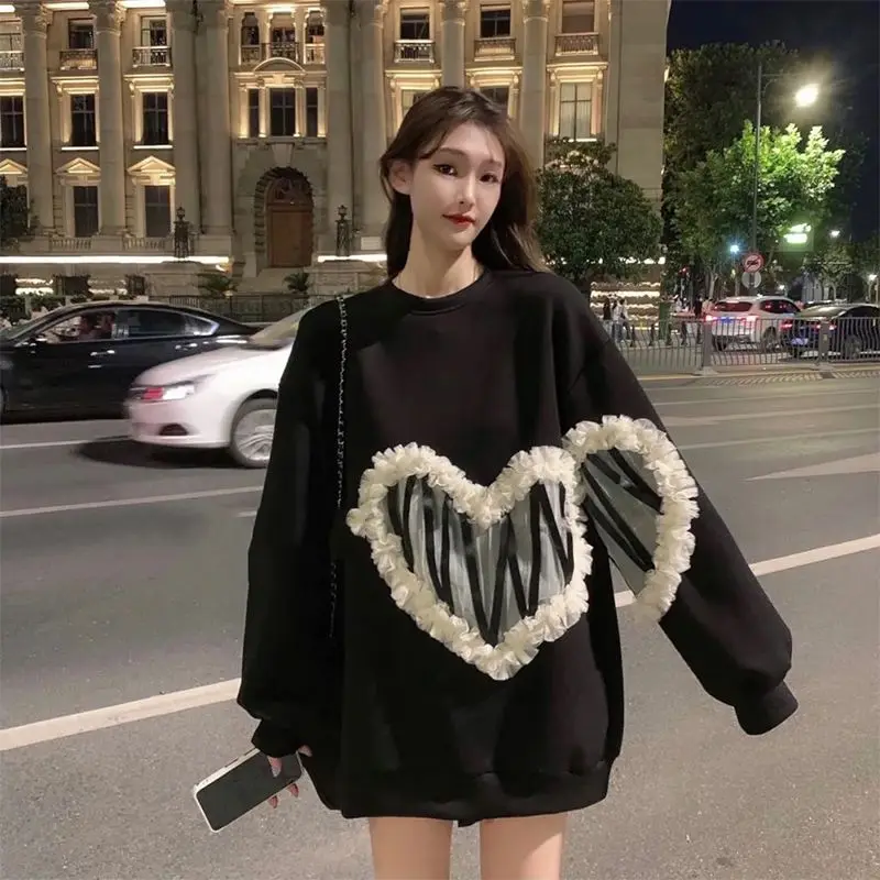 

Round Neck Contrast Color Love Mesh Pullover 2024 New Autumn Loose Design Pullover Long-Sleeved Sweatshirt For Women