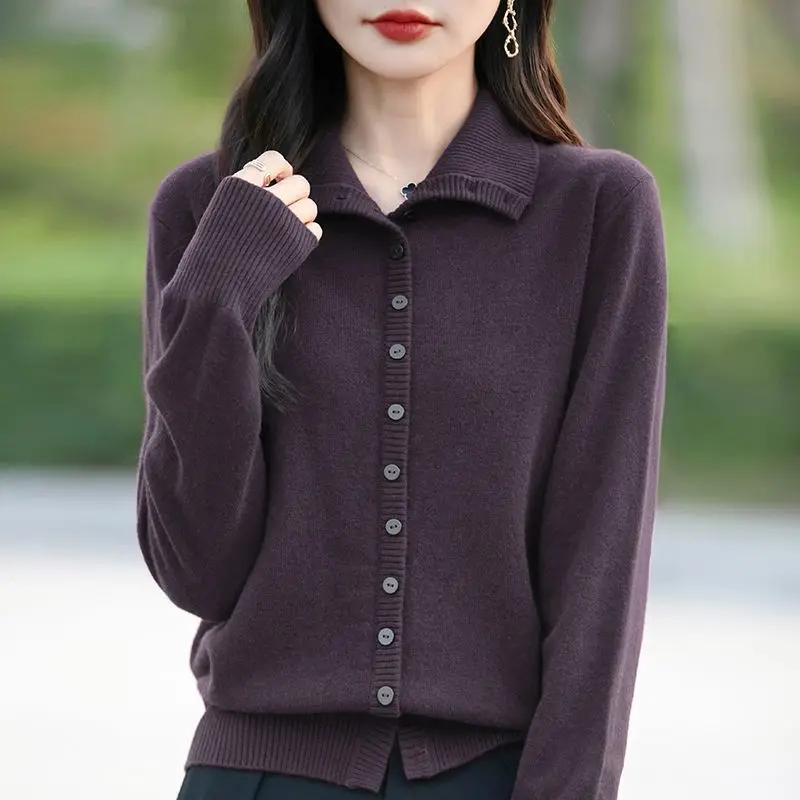Lapel gray women's knitwear cardigan sweater coat 2026 autumn new Female fashionable long sleeve loose Ladies high-grade Jacket