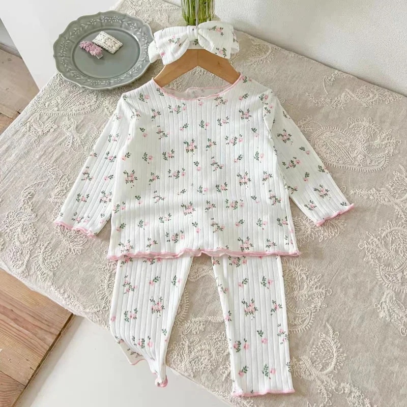 

Baby Girls Pajamas Set for Children's Home Clothing Outfits Princess Kids Floral Print Long Johns Two-piece Suit no Headband