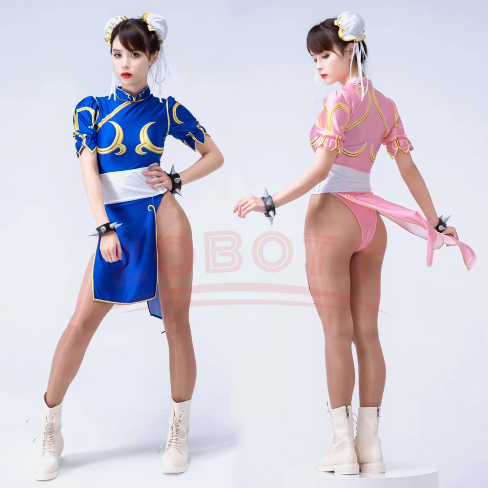 فستان تشون لي التأثيري زي لعبة SF تشونلي لعب الأدوار الأزرق تشيباو الزي مجموعة كاملة جاكي الكونغ فو بدلة حفلات الهالوين الوردي الأزرق