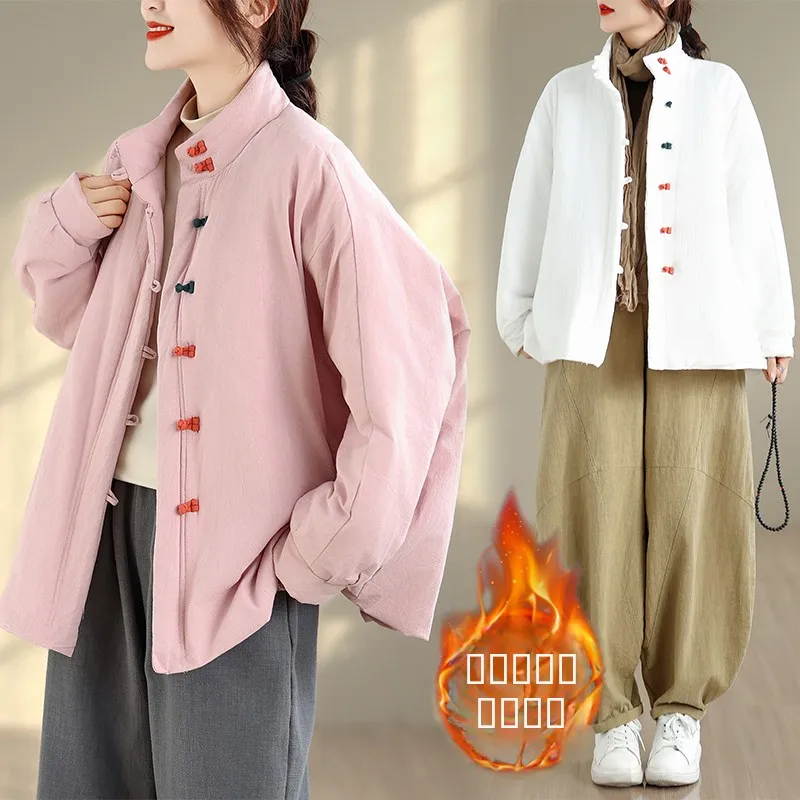 

Новая китайская свободная хлопково-льняная куртка для женщин: теплая зимняя хлопковая куртка с пуговицами, в стиле дзен, с контрастными цветами