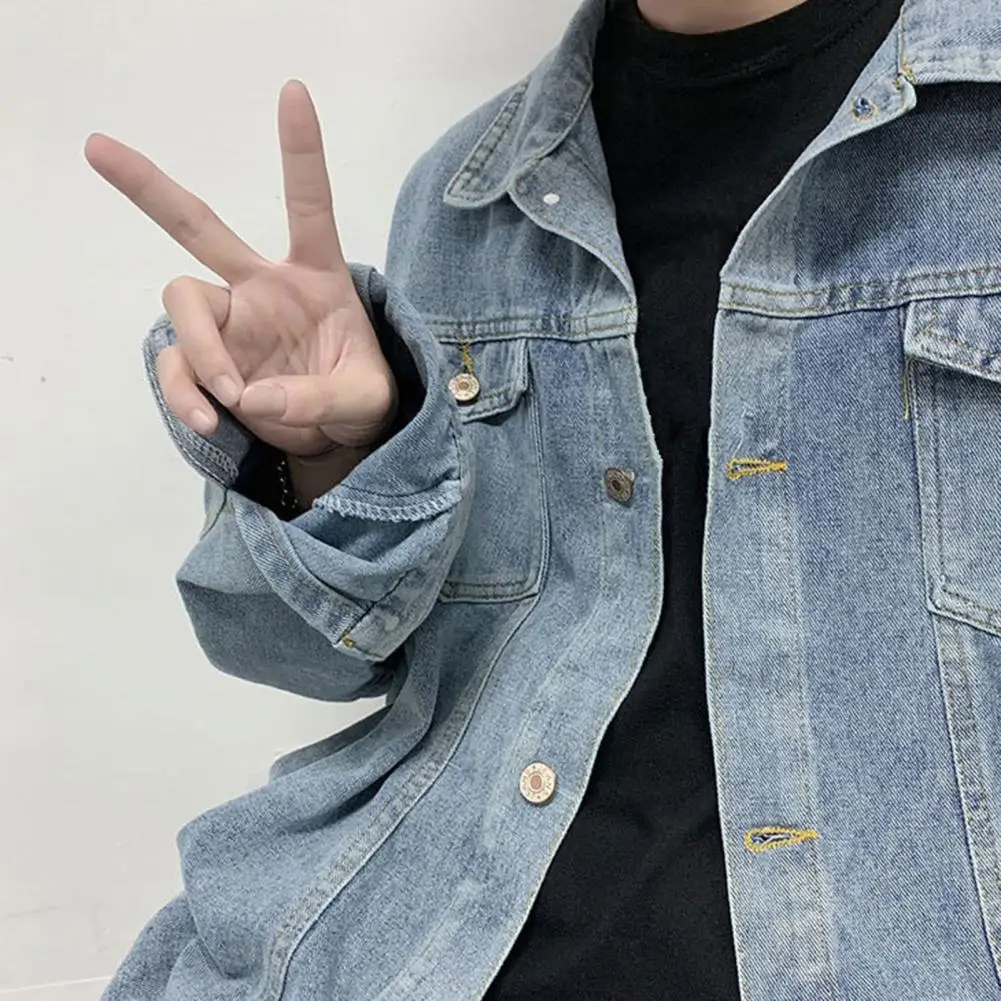 Women Coat Stylish Men's Denim Coat with Lapel Collar Flap Pockets Single Breasted Jacket for A Loose Fit Outerwear Look Single