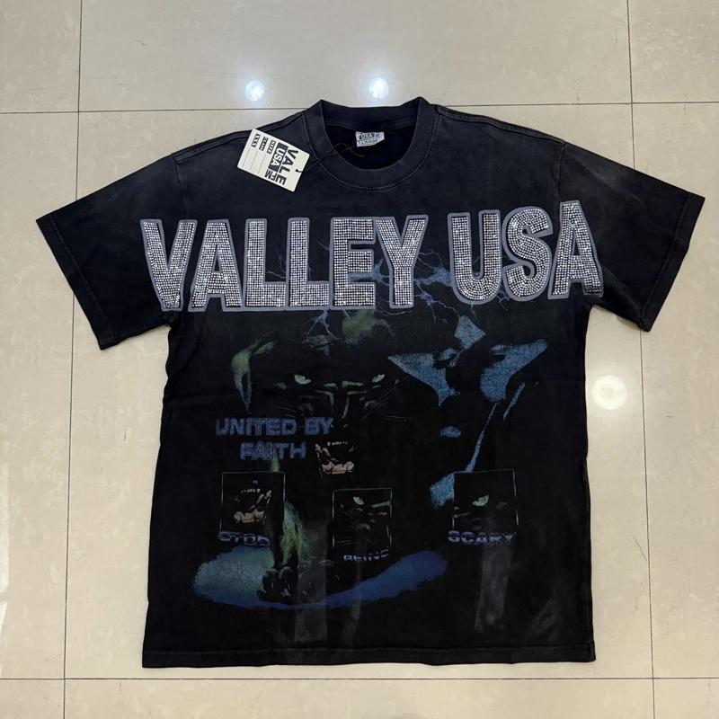 

American Street Trend VALLEY T-shirt Hot Diamond Logo Print Short Sleeves Retro Casual Fashion Loose VALE T Shirts