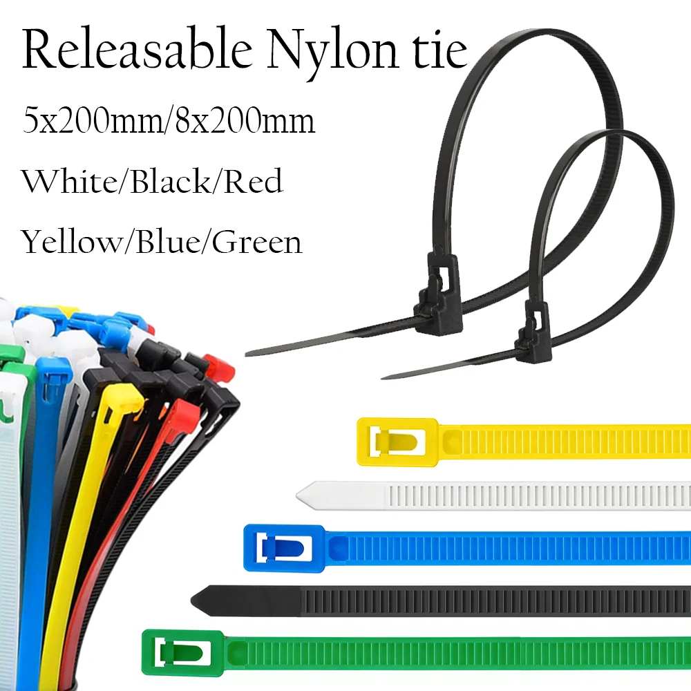 Attaches de câble réutilisables en plastique, 25 à 100 pièces, 8/5x200, attaches en Nylon, sangles d'enveloppe, nœud coulissant, nœud coulissant ample, organisateur de recyclage détachable