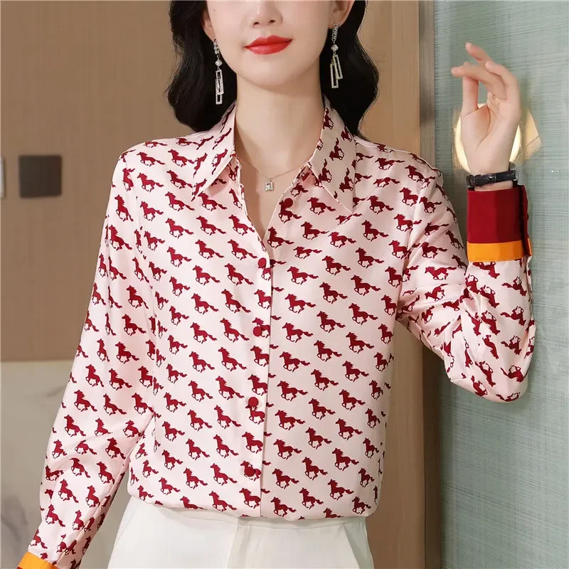 2024 New Elegant Women Blouse Turn-Down Collar Printed Women Shirt  Fashion Color Block Twill Long Sleeve Straight Top for Women
