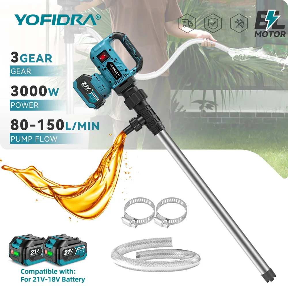 YOFIDRA Bürstenlose 3000W Wasserpumpe 80–150 L/min Kabellose Stabpumpe für Garten, Boot, Pool, kompatibel mit Makita-Akkus