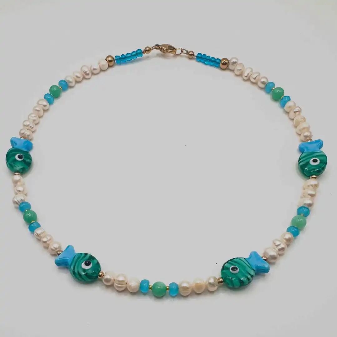 KKBEAD Fish & Crab Necklace for Women Natural Pearl with Shell Beads Jewelry Boho Beach Vacation Gift Summer Ocean Theme Choker