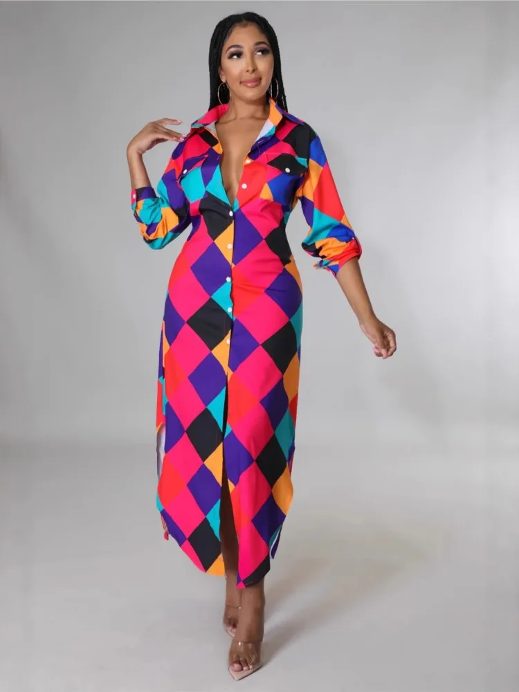 Abito camicia lunga irregolare stile spiaggia casual nuova moda autunnale elegante stampa manica lunga bottoni abiti da festa da spiaggia veste femme