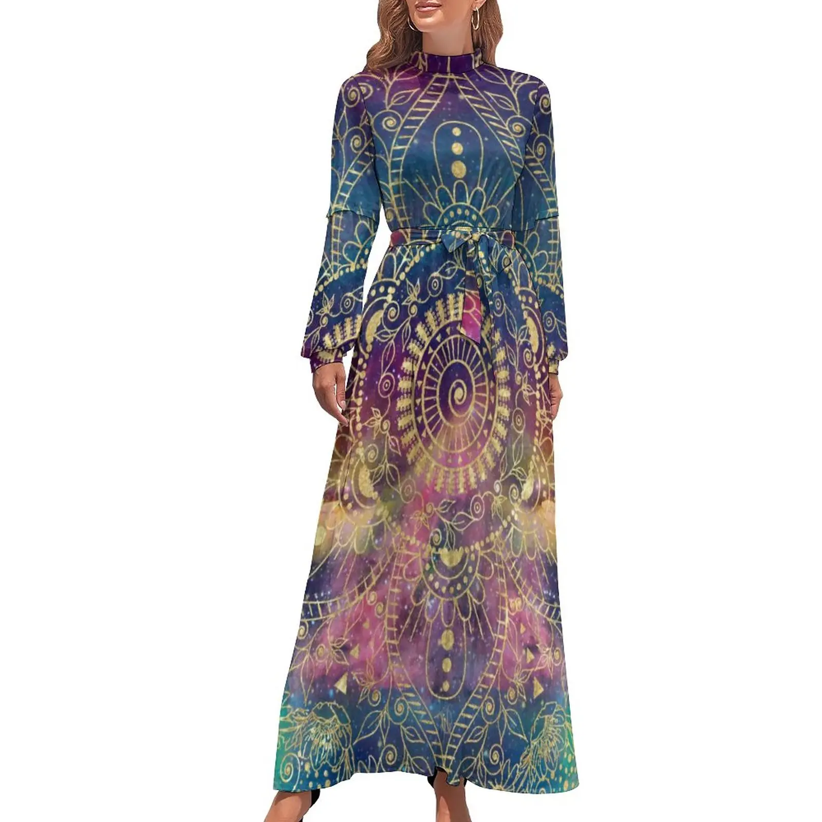 Gold Mandala Print Dress Vintage Floral Kawaii Printed Maxi Dress High Neck Long Sleeve Street Wear Bohemia Long Dresses