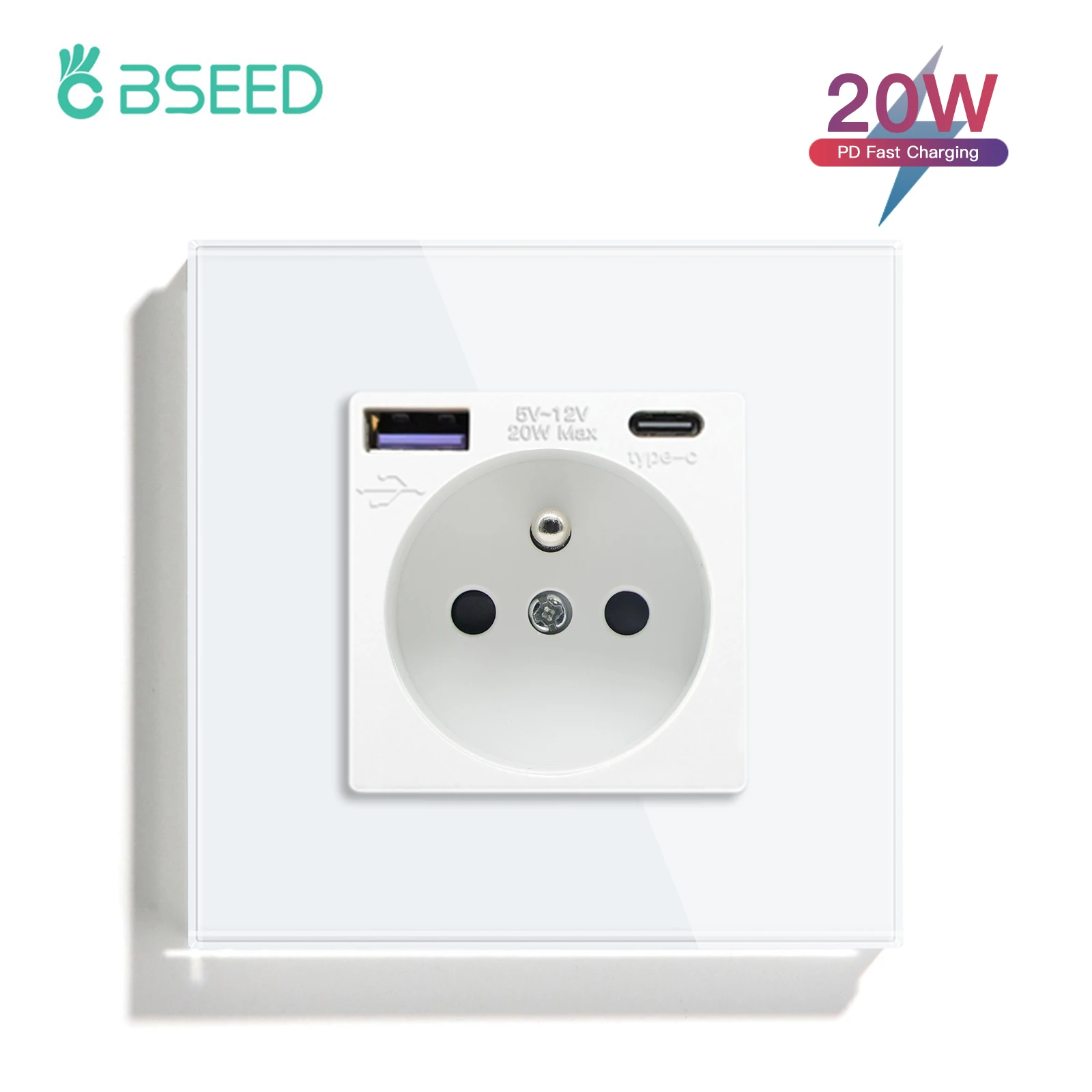 Bseed France Standaard Stopcontact Usb Type-C Oplaadpoort Glaspaneel 20W Snel Opladen Franse Socket 110-250V