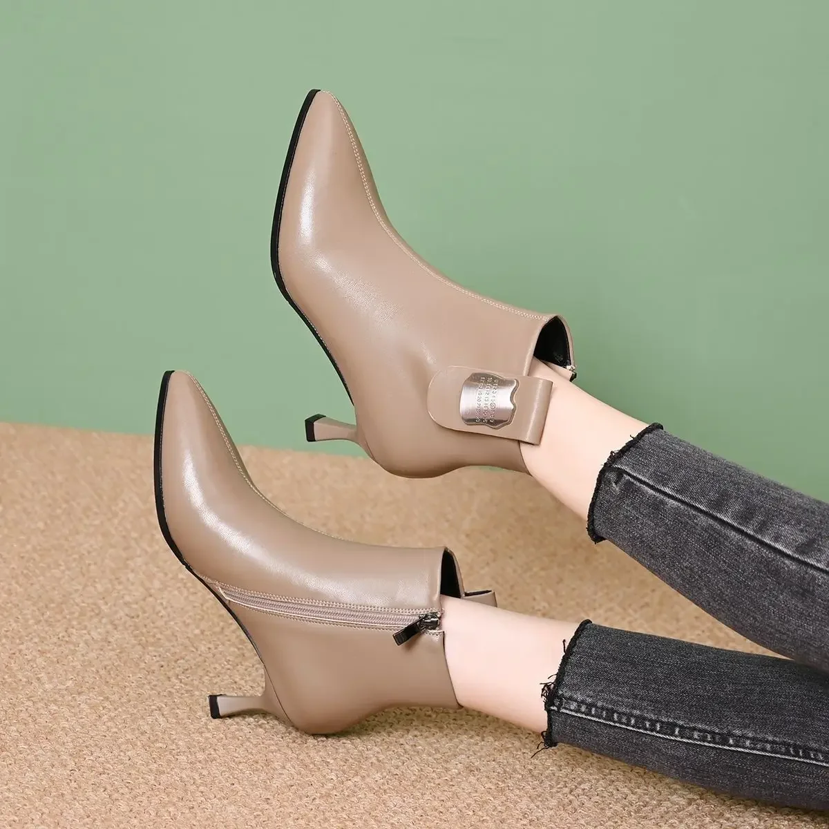 

Ботильоны, осенне-зимние женские ботильоны на флисовой подкладке, кожа цвета хаки, большие размеры, теплая удобная и элегантная женская короткая обувь