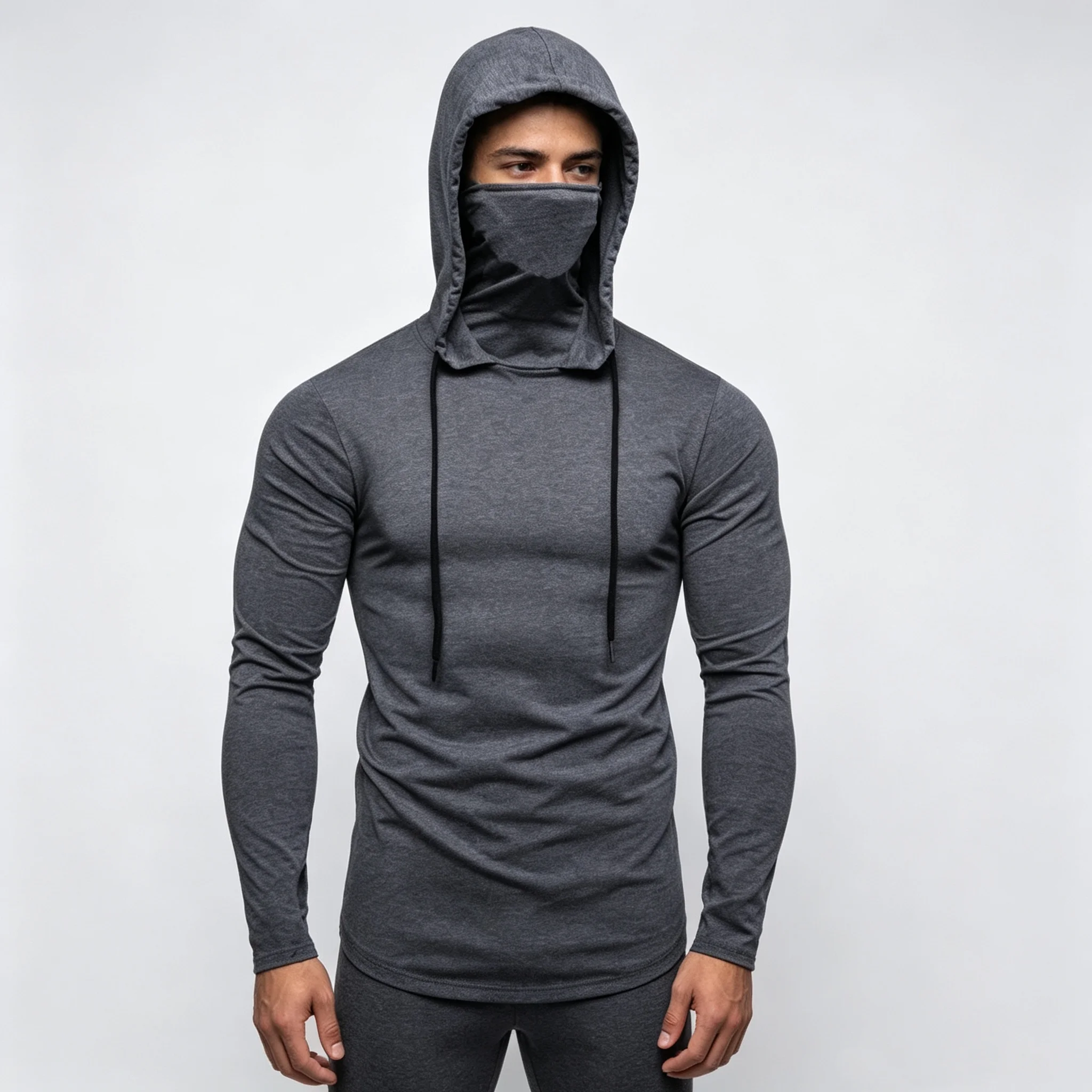 New  Men Gym Thin Hoodie Long Sleeve Hoodies With Mask Sweatshirt Casual Splice Large Mask Hoodie Sweatshirt Hooded Tops Cycling
