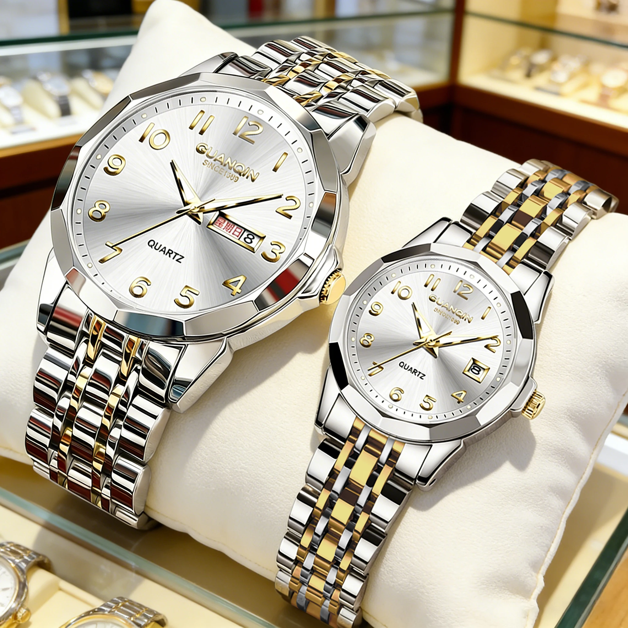 

Часы GUANQIN для пар, повседневные, модные, из нержавеющей стали, водонепроницаемые, оригинальные кварцевые наручные часы для влюбленных, водонепроницаемые, светящиеся, с датой, новинка