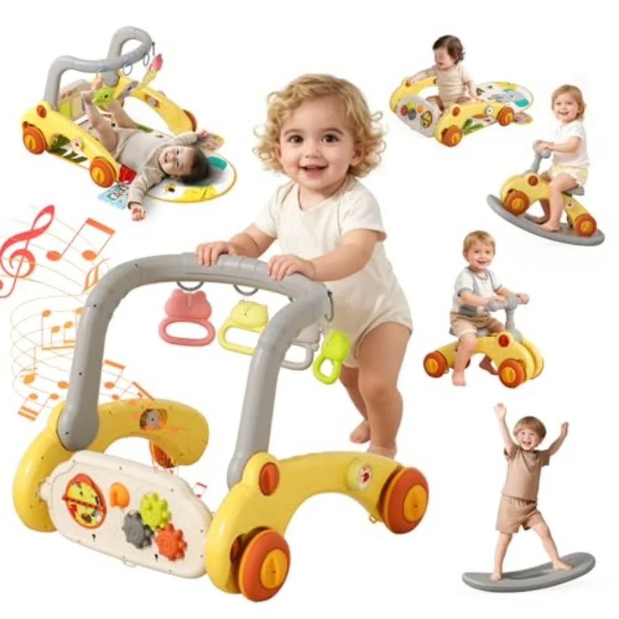 

7 in 1 Baby Push Walkers Gym Play Mat for 6-12 Months, Activity Center Rocking Toy Balance Bike Board for Toddlers 1-3, Sit to