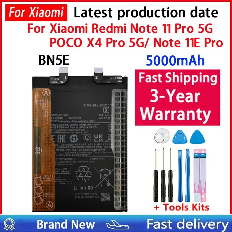 100% BN5E 5000mAh Battery For Xiaomi POCO X4 PRO / Redmi Note 11 Pro / 11E Pro 5G Phone Batteries Bateria Batterij