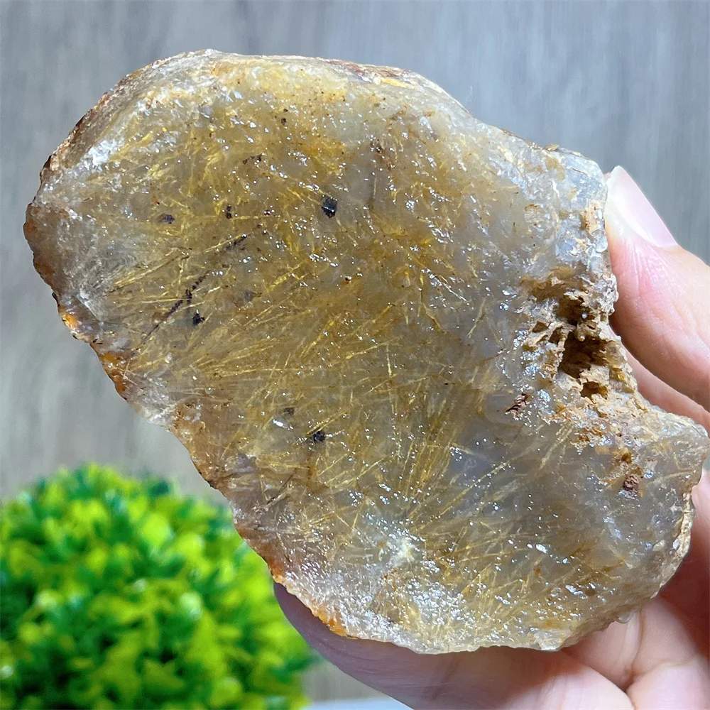 Raw Crysral Natural Gold Hair Agate Specimen Stone Quartz Mineral Polished Home Room Gem Decoration Geode Gift Energy