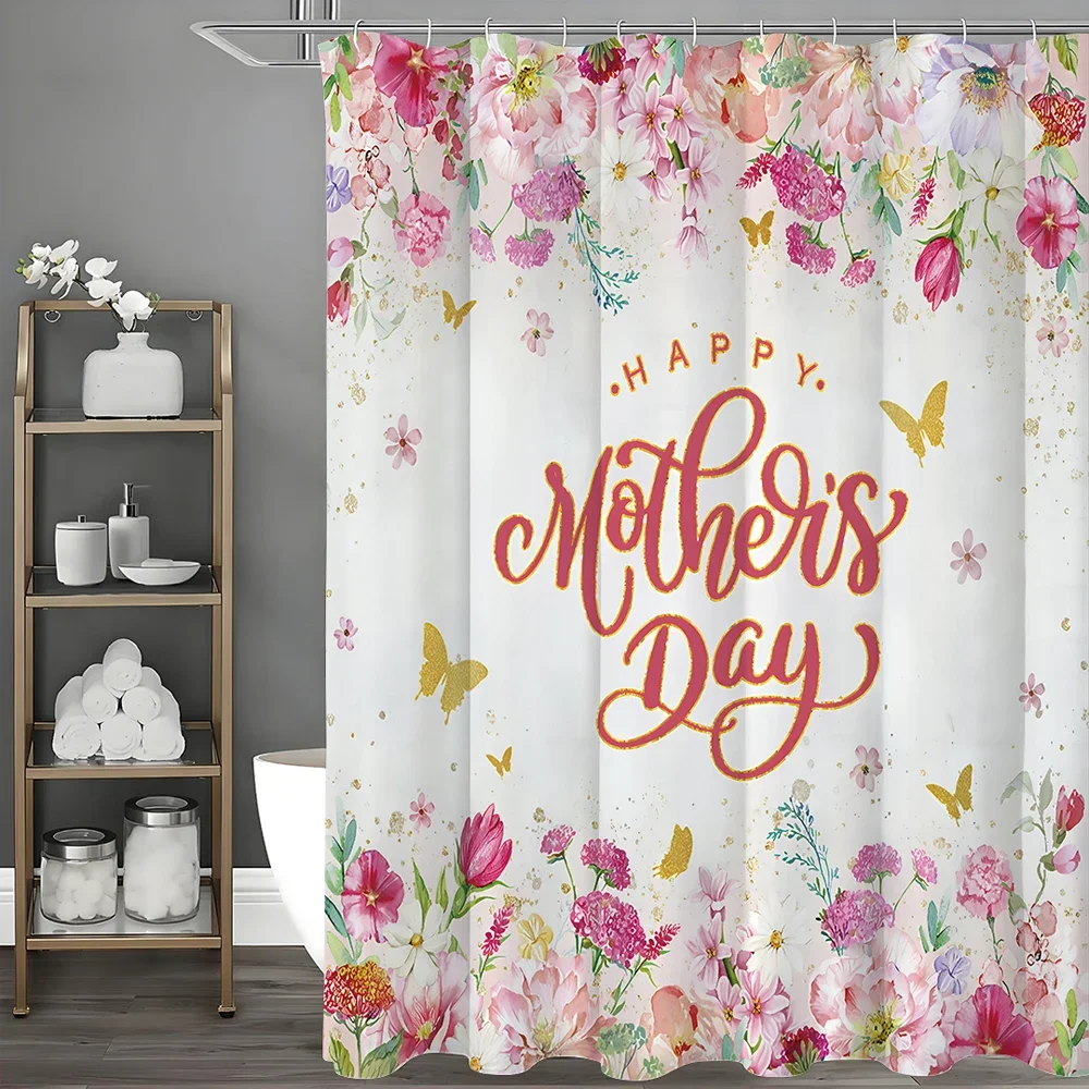 

Mother's Day Floral Butterfly Shower Curtain, Bathroom Decorative Shower Curtain, Waterproof Shower Curtain with Hooks