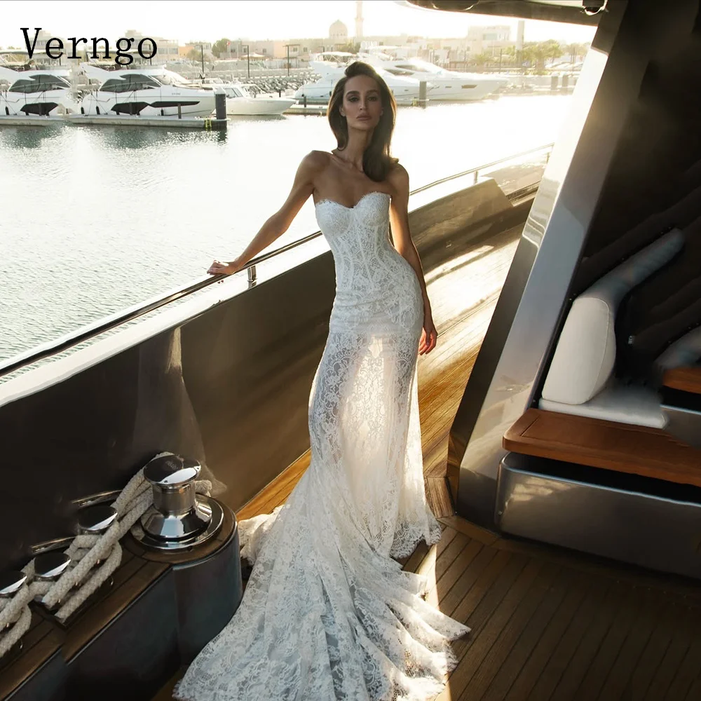 

Verngo Elegant lvory Lace Wedding Dress High Neck Mermaid Long Sleeves Bridal Gowns Side Slit Classy Bride Dresses Customized