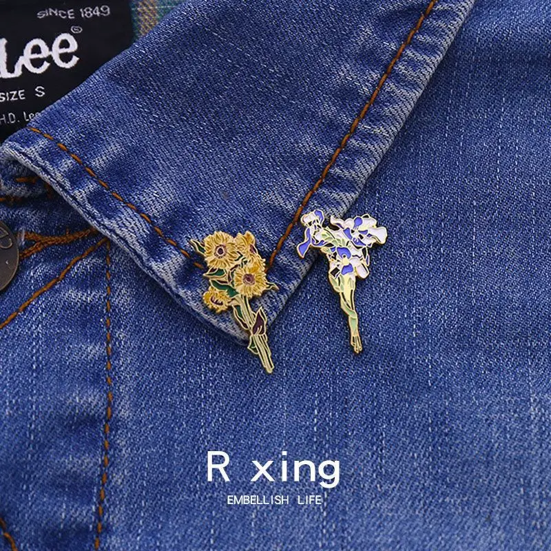 Lapel Pin Badge Van Gogh Sunflower Iris Brooch Flower Hat Pin Metal For Clothes Enamel Pins Badges For Backpack Gifts For Women