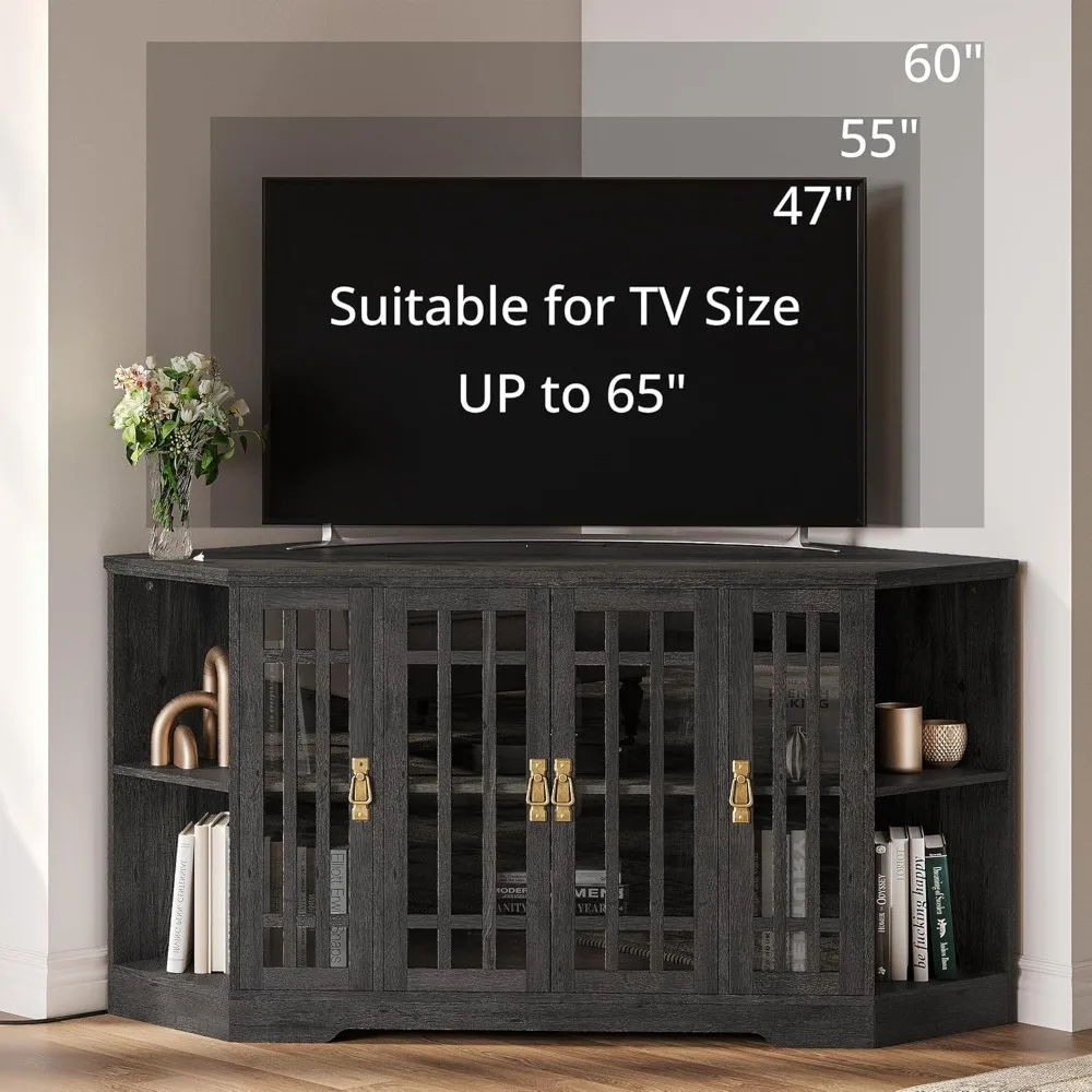 Supporto TV angolare per TV da 60 pollici con armadietto portaoggetti, ante in vetro e presa di corrente - Centro di intrattenimento per spazi angolari