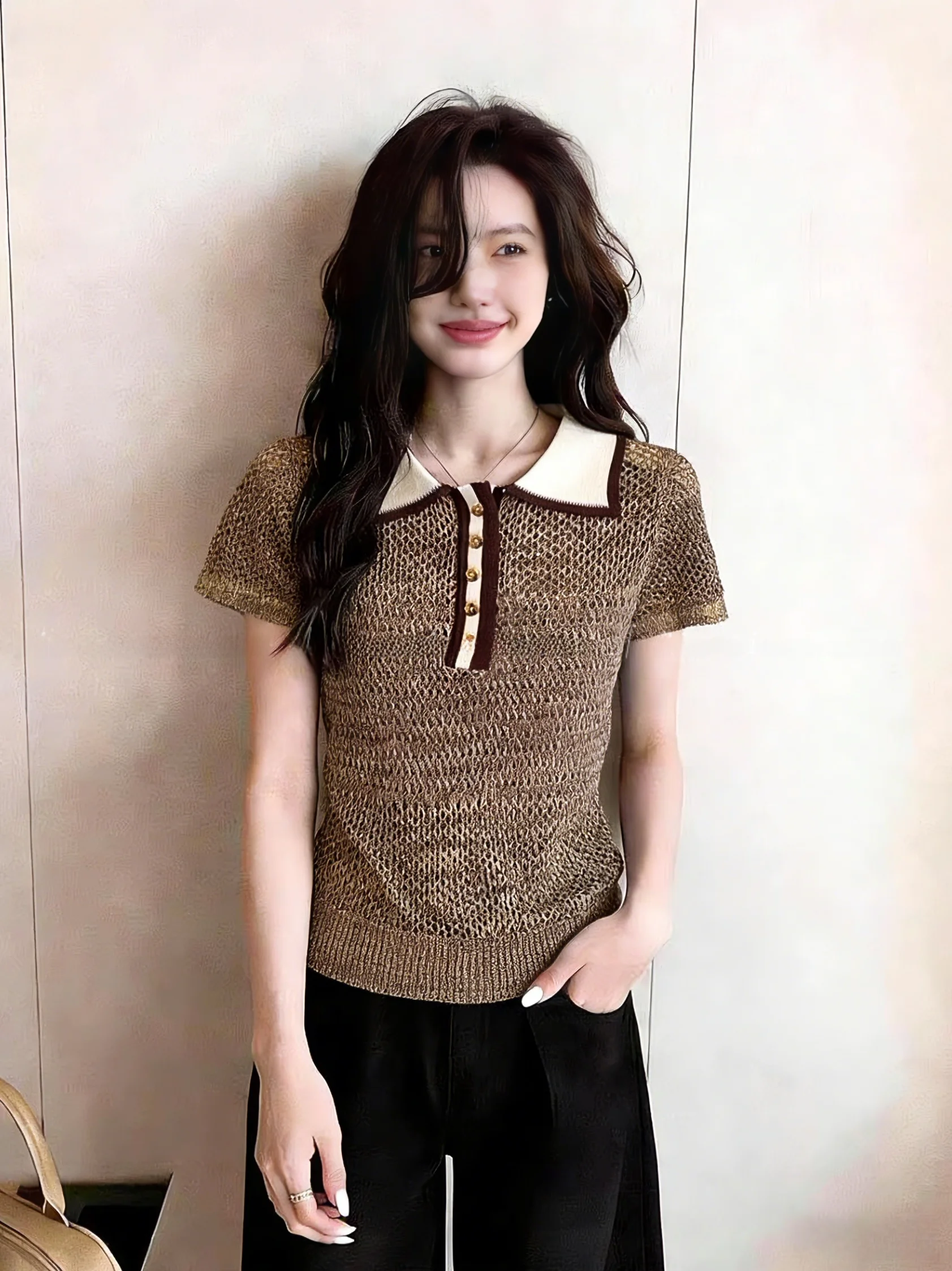 

Color Block Neck Short Sleeve Knitted Shirt Women's Fashionable Summer Top Self-Reserve Recommended Old Money Style