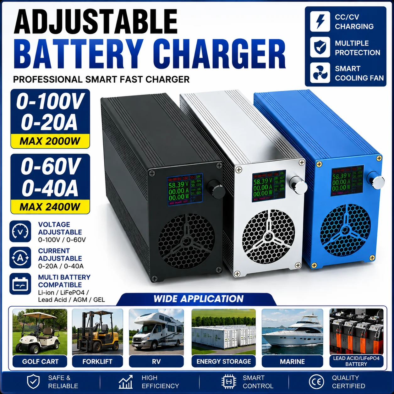 Intelligent Fast Battery Charger 24V36V48V60V72V100V Lithium LiFePO4 Battery Charger Universal Adjustable Voltage/Current