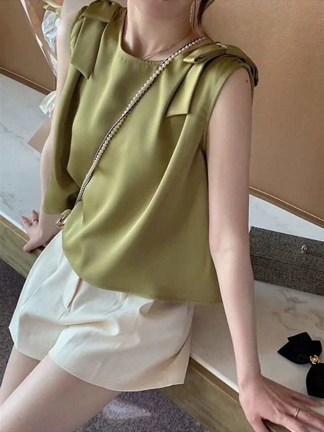 Women's Bow tie Blouses Summer Plus Size Satin Office Black Women Tunic Elegant Shirts Silk Sling Vest Woman Tops 5XL