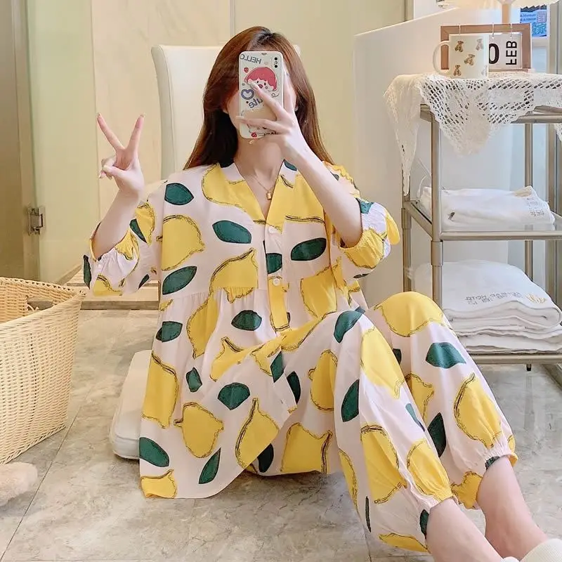 Korean Version of Cotton Silk Pajamas Women's Summer Seven Quarter Sleeves Trousers Silk Home Dress Rayon Cotton Set Two Sweet