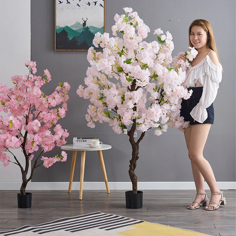 Artificial cherry blossom trees for home decoration, bonsai floor leaves, fake plant pots for indoor, office