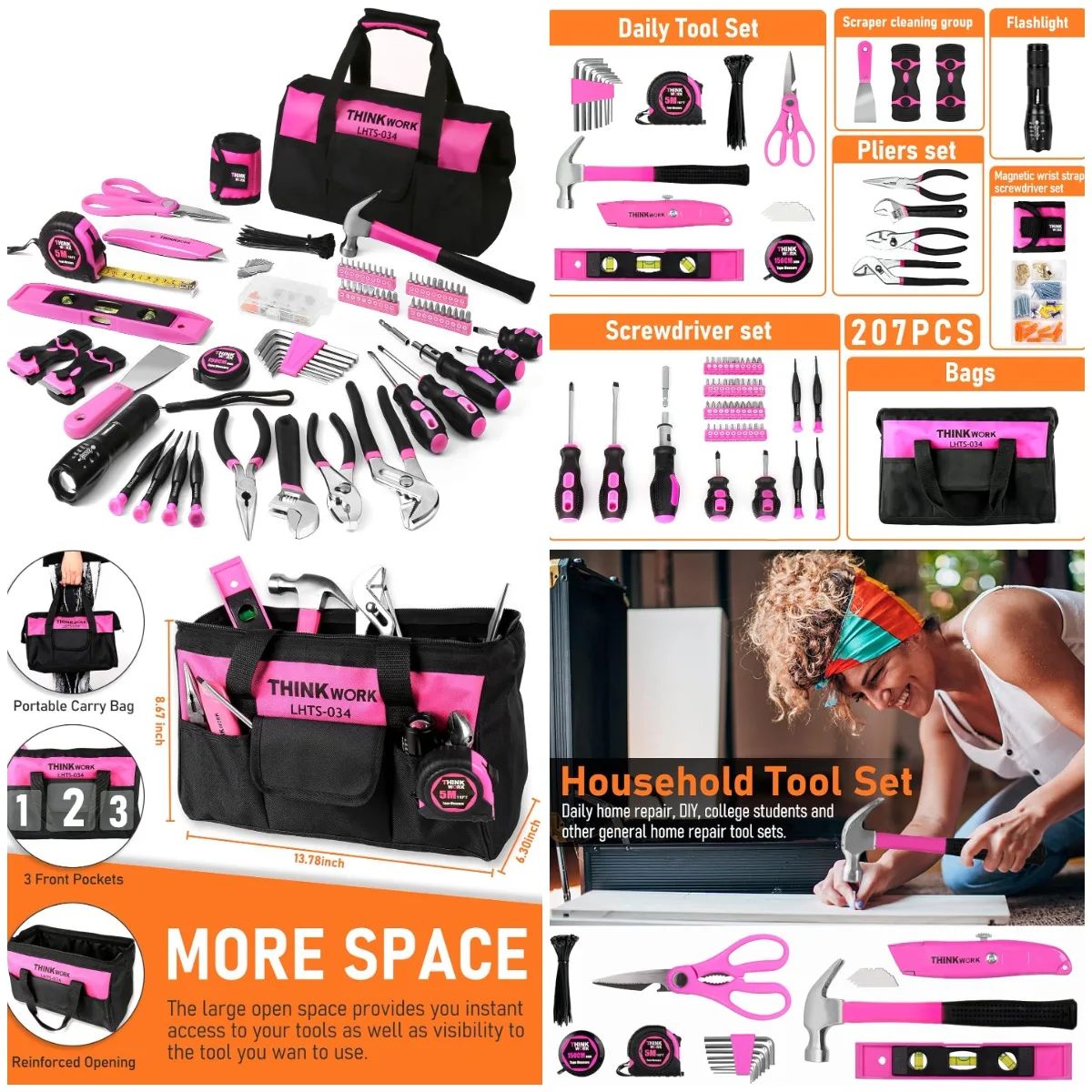 

Розовый набор инструментов из 207 предметов с портативной сумкой для хранения — идеальный домашний набор «сделай сам» для женщин, рождественский подарок LHTS-034