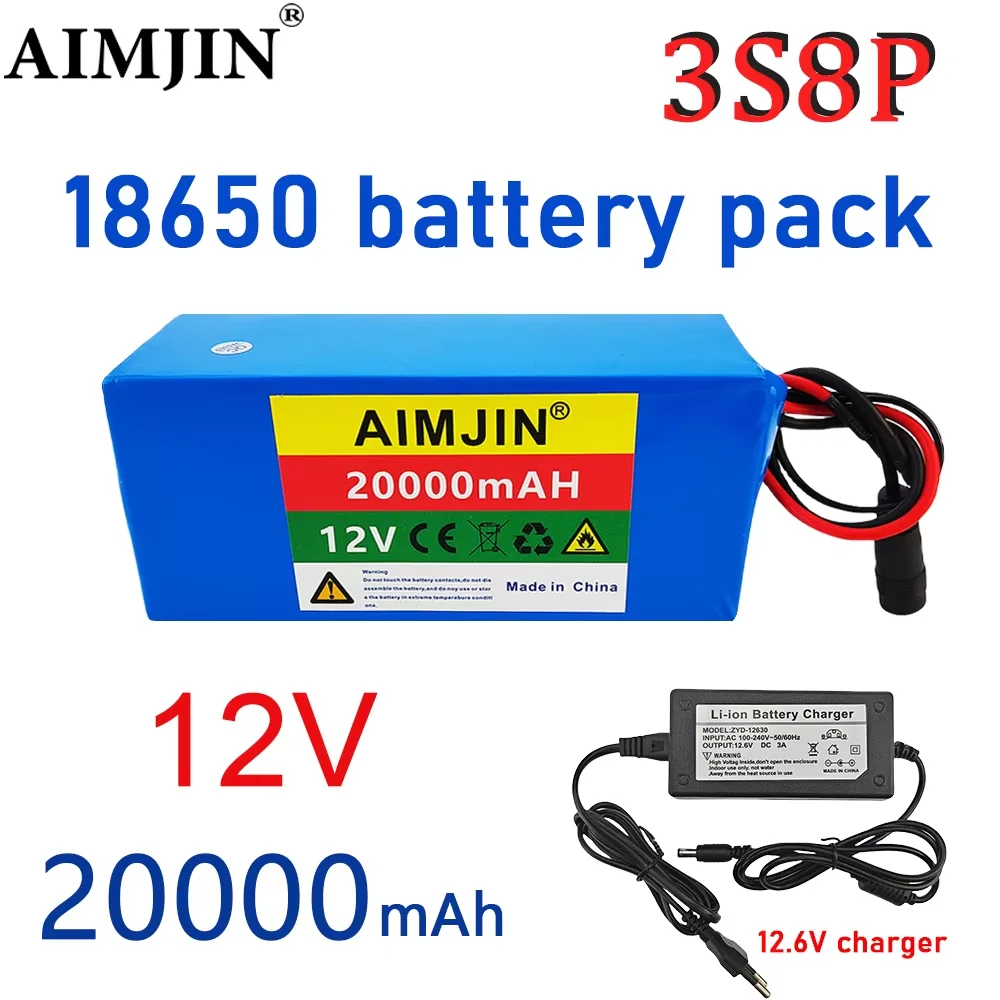 

18650 Rechargeable Battery Protection Board 3s8p 12V 20Ah Li-ion Battery Pack 20000mAh Large Capacity,Optional with Charger