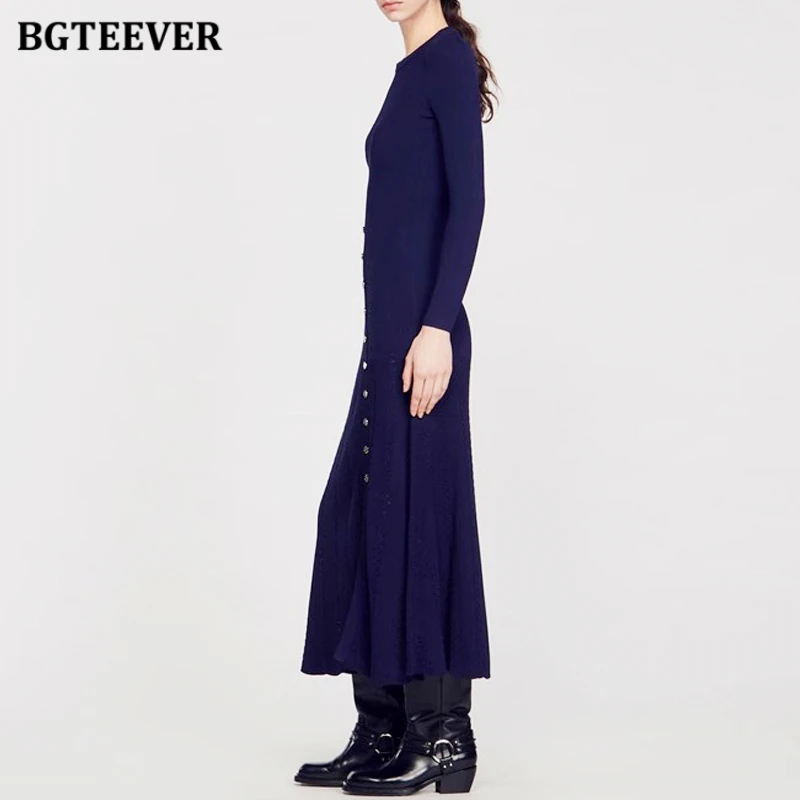 BGTEEVER Autumn Winter O-neck Slim Waist Female Sweater Dress Elegant Long Sleeve Buttons Ladies Knitted A-line Dress