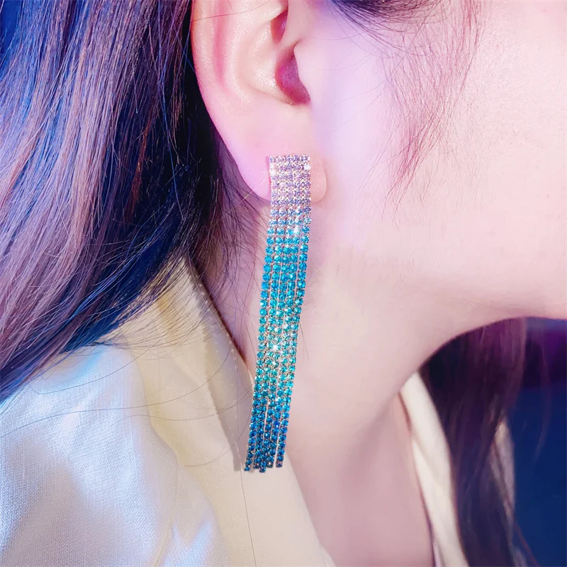 FYUAN Long Tassel Drop Earrings for Women Green Rhinestone Dangle Earrings Fashion Jewelry Accessories