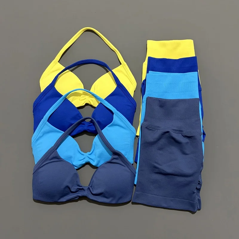 HISTELLO Sports Set 2 Piece Women Strappy Gym Yoga Bra Workout Scrunch Shorts Fitness Sports Suit Clothes Seamless Yoga Set