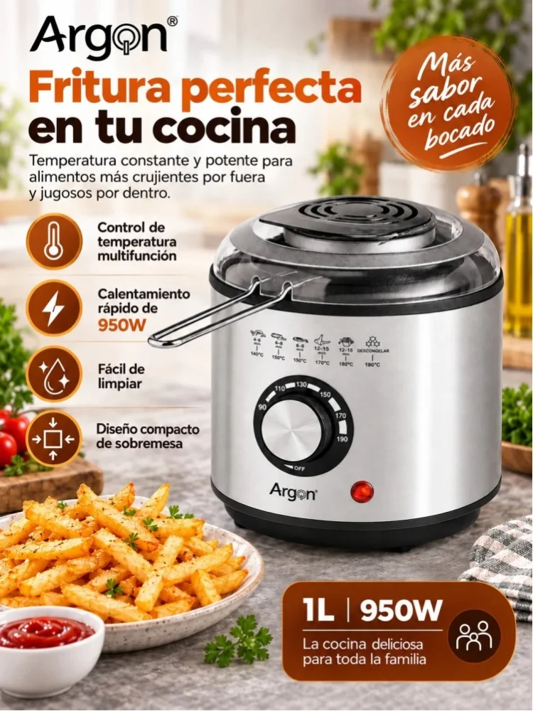 Argon – kompaktowa frytkownica na gorące powietrze o pojemności 1 l i mocy 950 W, wykonana ze stali nierdzewnej, z regulacją temperatury od 140 do 190 stopni Celsjusza. ° C i minutnik 180-minutowy — 2