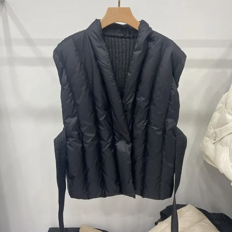 2023 Winter Knitted Back V-neck Waistcoat Women 90% White Duck Down Vest Autumn Warm Puffer Sleeveless Jacket with Belt Outwear