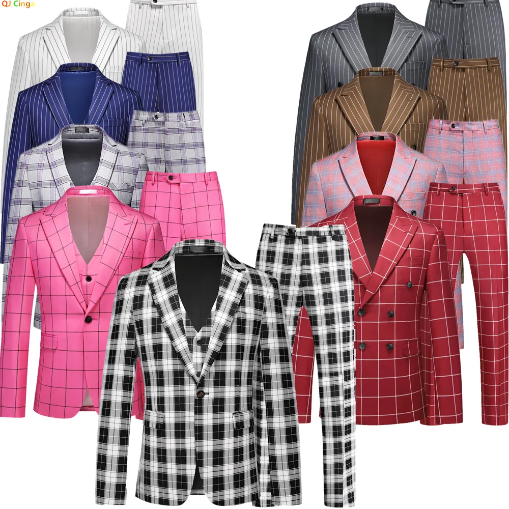 Traje a cuadros a rayas blanco y negro para hombre de 3 piezas, chaqueta y chaleco para vestido de fiesta de boda con pantalones, conjuntos ajustados rojos de tallas asiáticas.