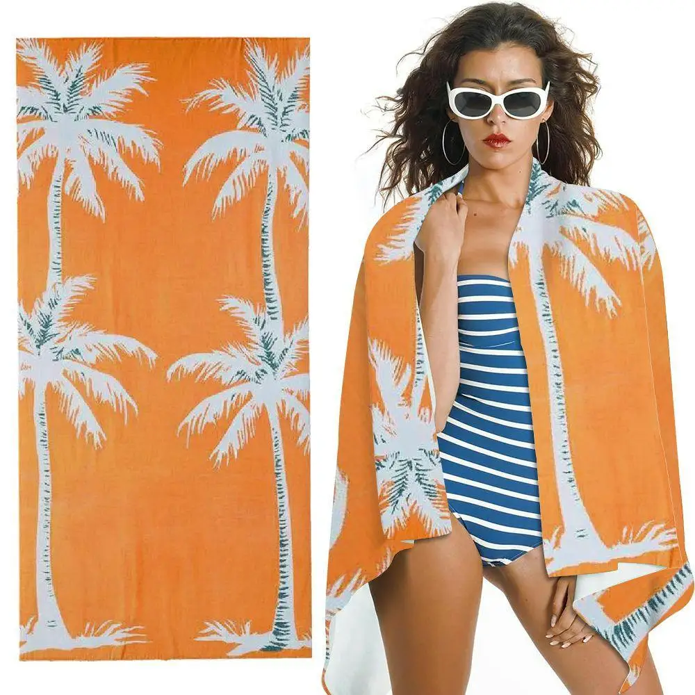 Orange Base White Palm Tree Silhouette Tropical Beach Towel Simple Minimalist Design Sand Proof Towel For Hawaiian Vacation