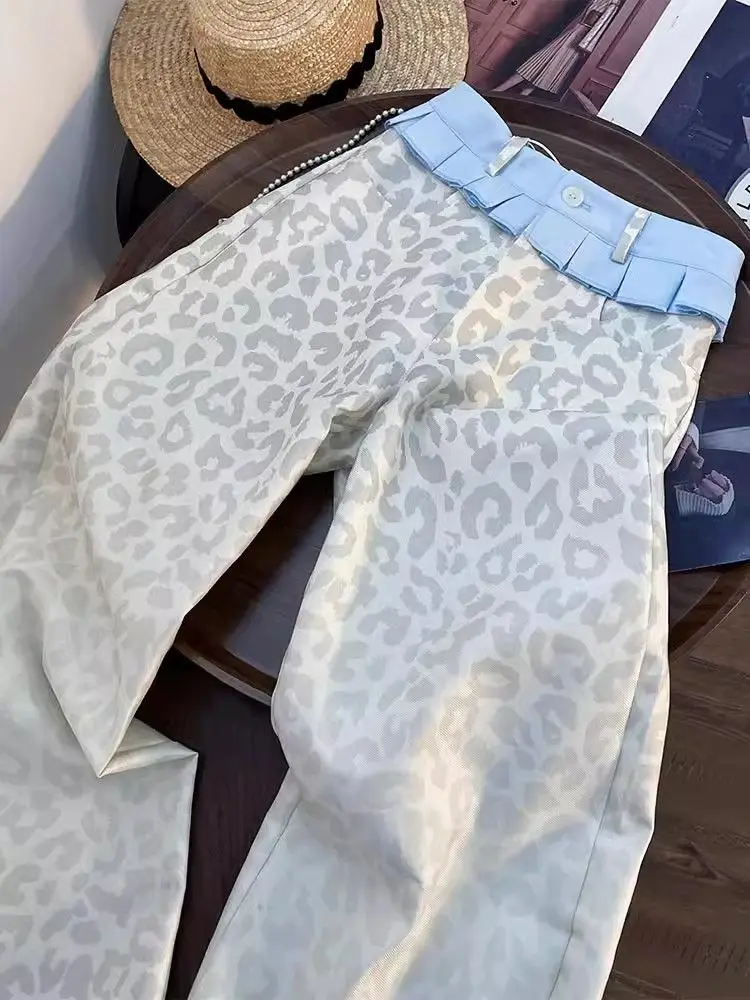Calça jeans reta lavada americana, saia com estampa de leopardo, emenda y2k, novo nicho retrô feminino, design solto, calças de pernas largas