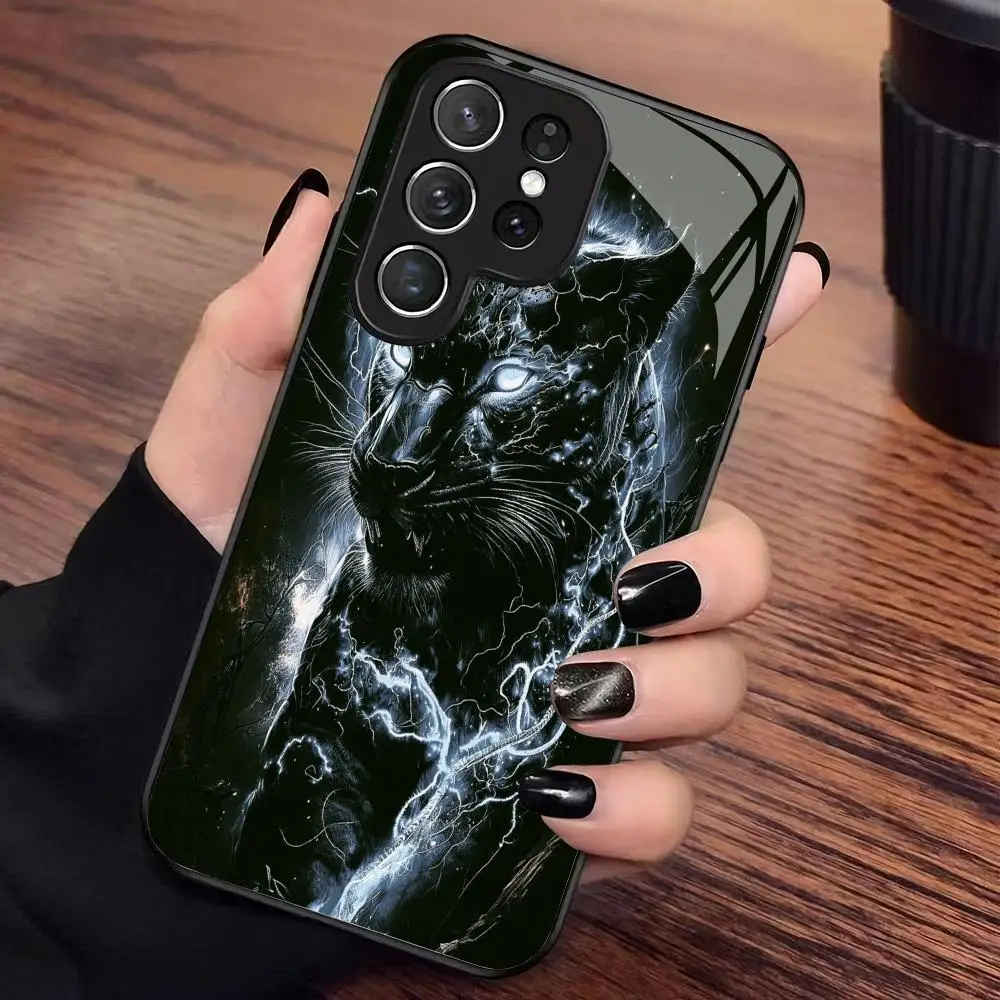 Black Panther Pattern Glass Phone Case Suitable for Samsung Galaxy S26 S25 S24 S23 S22 S20 FE/Ultra/Plus Anti Drop Rear Cover