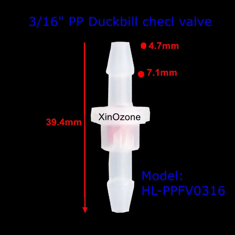 XINOZONE-Duckbill Válvula PP, não Retornar diafragma Conector, 3.2mm, Válvula PVDF, 1/8 ", 3/16"