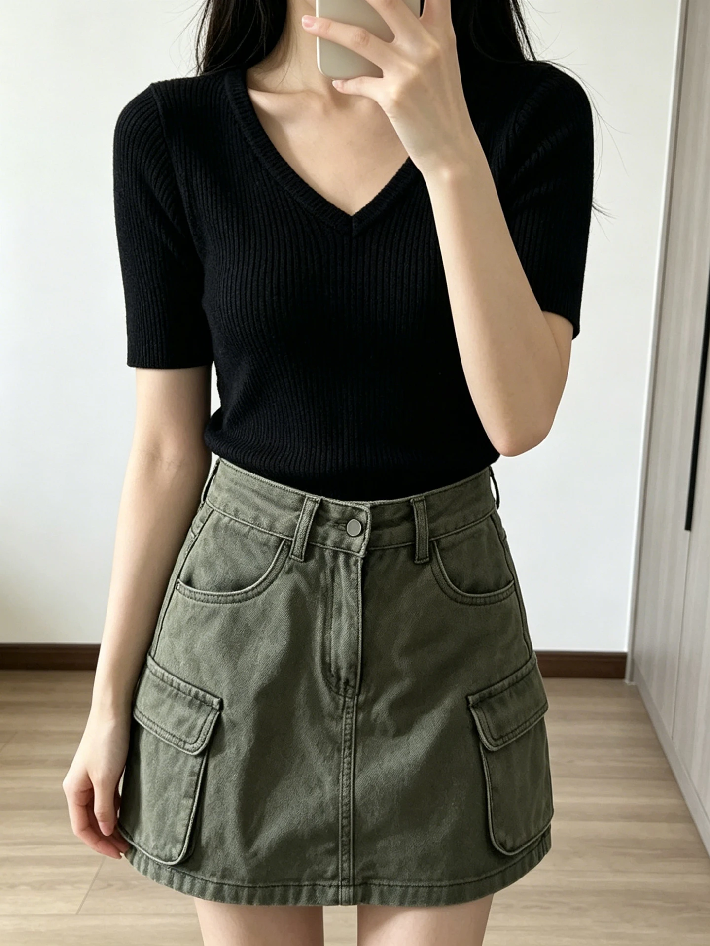 Retro American Green Multi-Pocket Workwear  Skirt Women's A-Line Half Skirt Summer New High Waist Casual Style