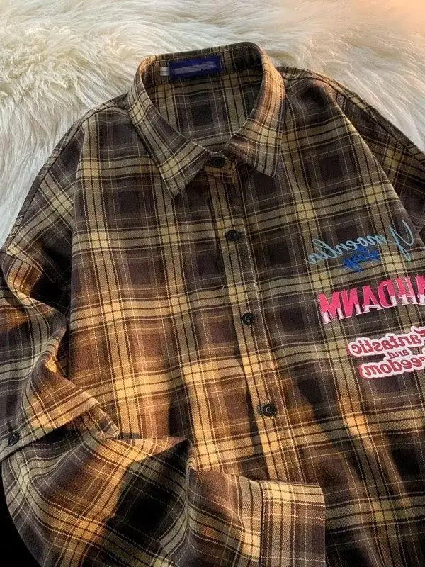 American Hip Hop Plaid Long Sleeve Shirt Loose Fit Unisex Korean Style Premium Feeling Cool Shirt Jacket for Youth