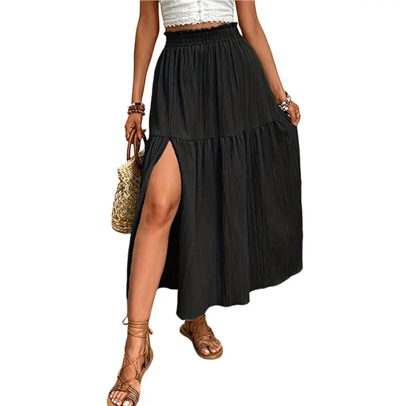 

NEW-Women's Flowy Maxi Skirts Boho Summer Elastic Waisted Pleated A Line Long Skirt