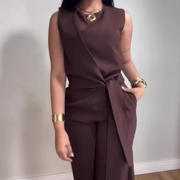 أنيقة 2 قطعة مجموعة المرأة خريف 2025 الشارع الشهير سيدة بدوره Dwon طوق بلا أكمام مع السراويل الطويلة دعوى الصلبة ضئيلة حزب الزي