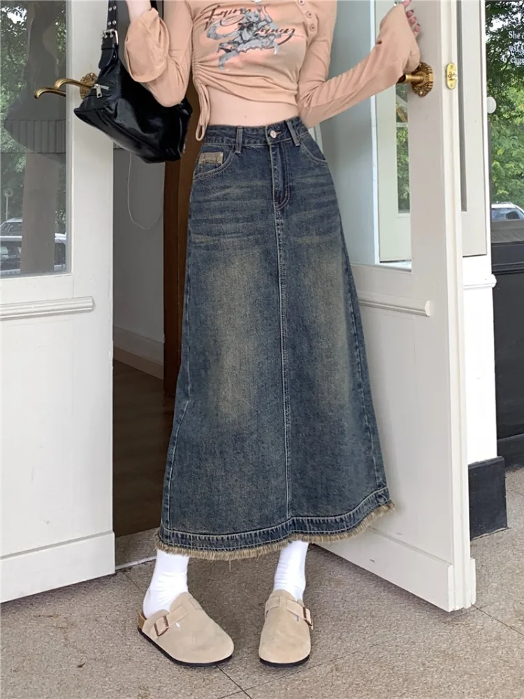 

2024 Autumn New Vintage Split High Waist Denim Skirt A-line Women Raw Hem Medium Length Jeans Skirt Clothes F104